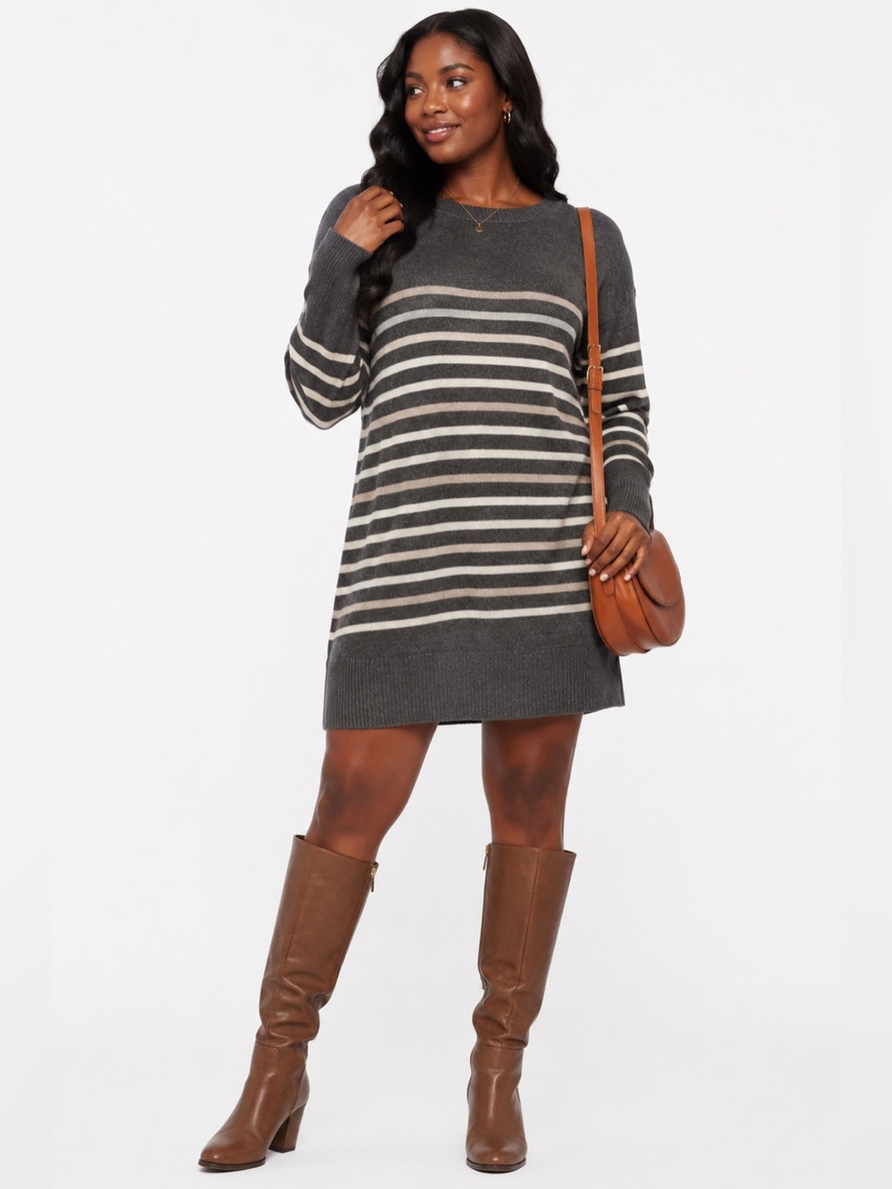NWT GAP Striped Sweater Dress Gray Tan Knit Long Sleeve Large